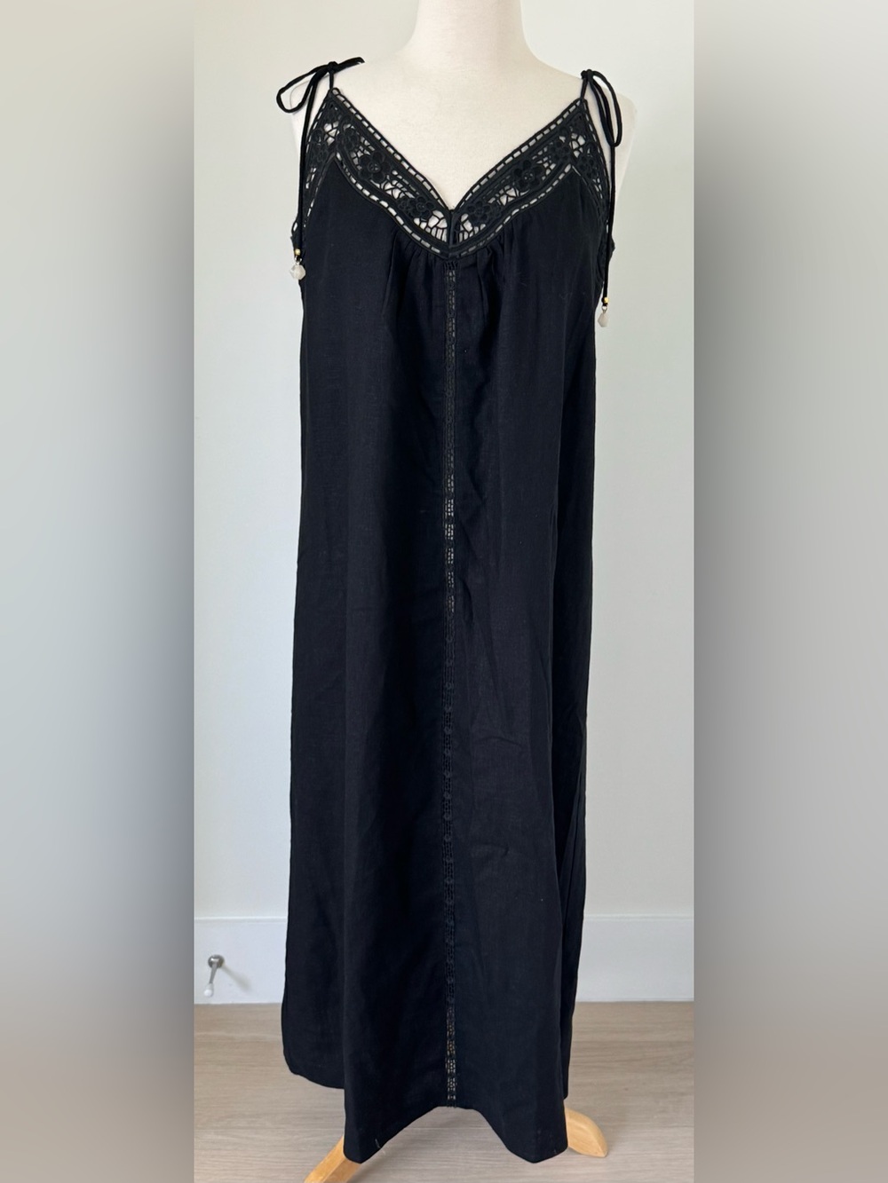 H&M Black Linen Blend Crochet Lace Maxi Dress Tie with Stones Womens S